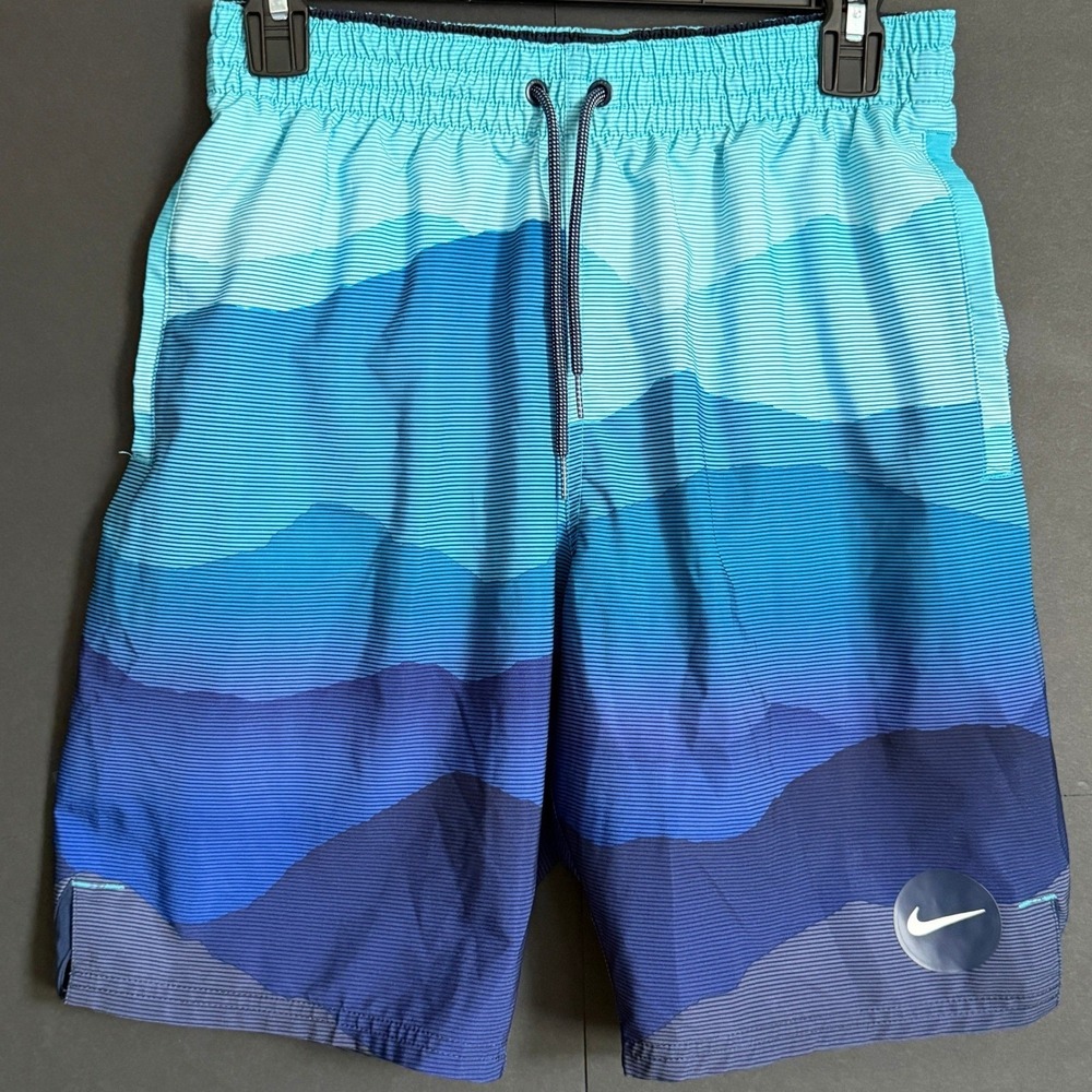 Nike Mens Swim Trunks Small Blue Ombre Mountain Print Mesh Lined Board Shorts